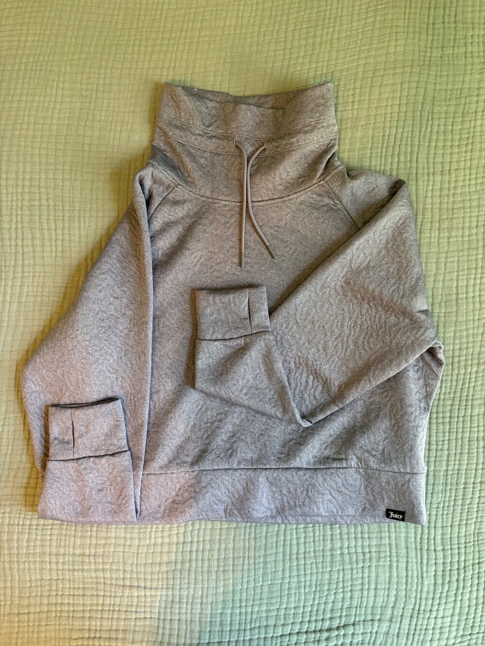 Juicy Couture Gray Quilted Pullover Sweatshirt Cowl Neck Drawstring